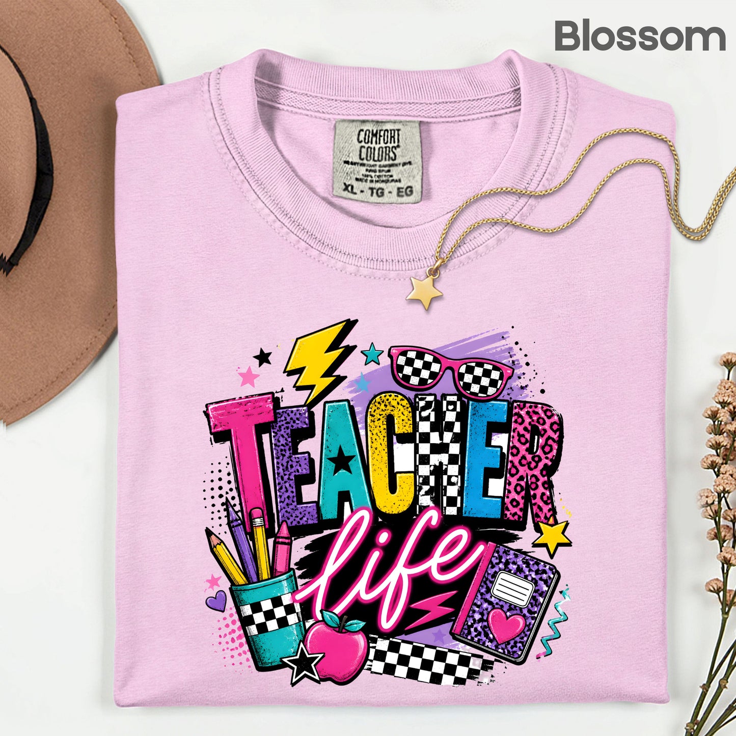 Retro Neon Teacher Life T-Shirt, Colorful Doodle Graffiti Checkerboard Sunglasses Back to School Tee