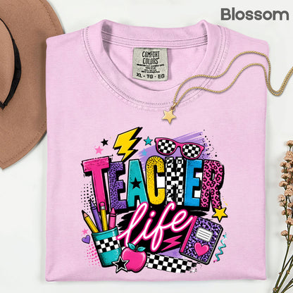 Retro Neon Teacher Life T-Shirt, Colorful Doodle Graffiti Checkerboard Sunglasses Back to School Tee