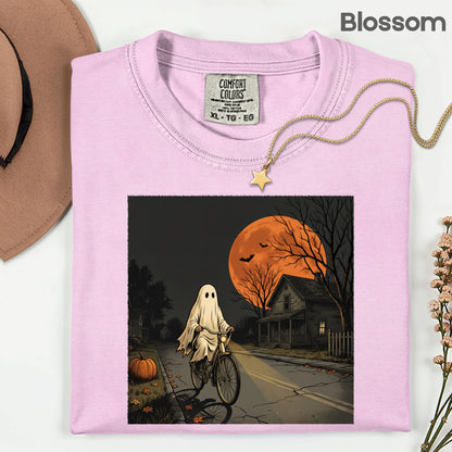 Ghost Riding Bike Halloween T-Shirt, Haunted House Orange Harvest Moon Tee Sweatshirt