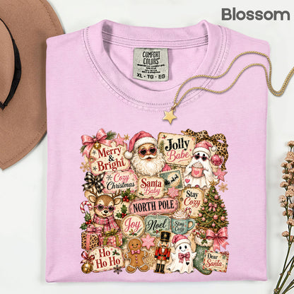 Cozy Pink Christmas Collage T-Shirt, Santa Reindeer Gingerbread Nutcracker North Pole Holiday Tee