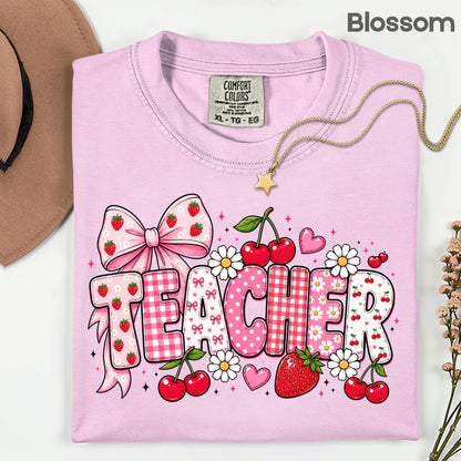 Teacher Coquette Pink T-Shirt, Strawberries Cherries Bow School Educator Tee