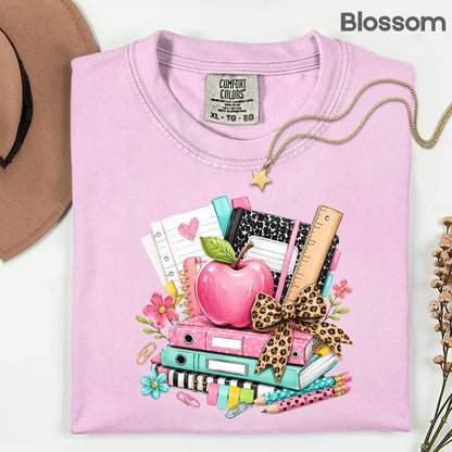 Pink Apple School Supplies T-Shirt, Books Leopard Bow Back to School Teacher Tee