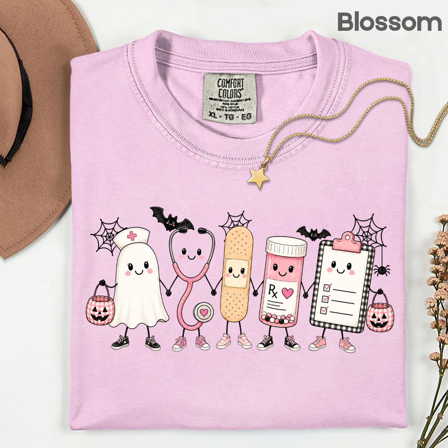 Pink Spooky Nurse Squad Halloween T-Shirt, Ghost Stethoscope Medical Bandage Tee
