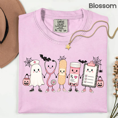Pink Spooky Nurse Squad Halloween T-Shirt, Ghost Stethoscope Medical Bandage Tee