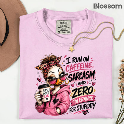 Funny Duck Caffeine T-Shirt, I Run on Caffeine Coffee Messy Bun Leopard Bow Women Tee