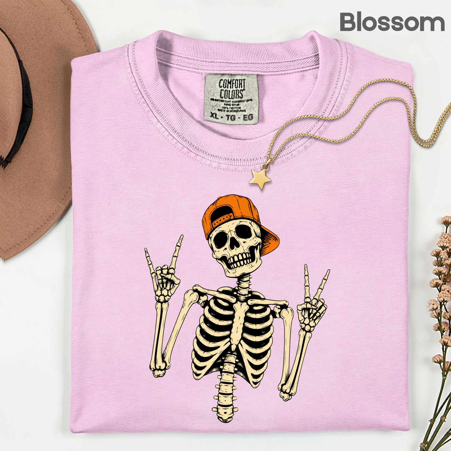 Cool Skeleton Rock On T-Shirt, Peace Sign Halloween Orange Hat Spooky Tee