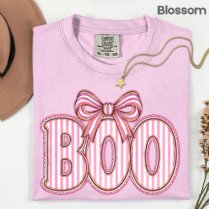 Boo Coquette Pink Bow Halloween T-Shirt, Striped Ribbon Cute Spooky Season Tee