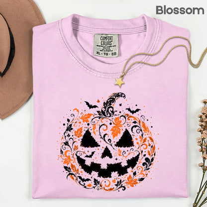 Halloween Pumpkin Face Floral Swirl Gothic T-Shirt, Intricate Spooky Pumpkin Tee