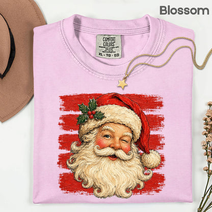 Vintage Winking Santa Christmas T-Shirt, Retro Red Stripes Nostalgic Holiday Comfort Color Tee
