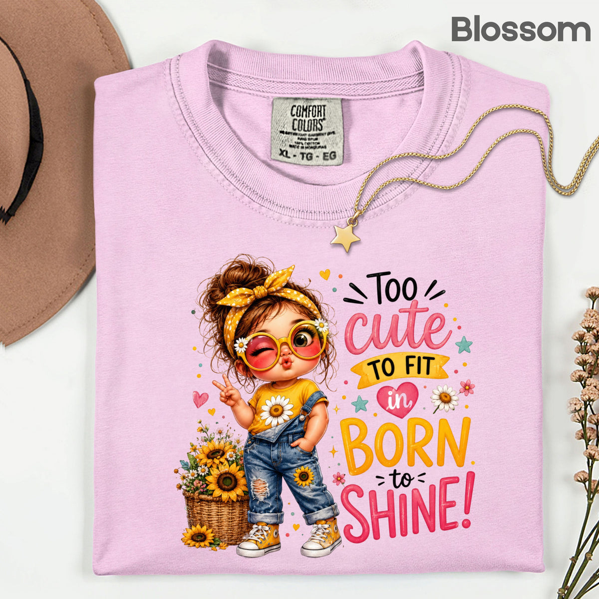Too Cute to Fit In Born to Shine Little Girl T-Shirt, Sunflower Headband Tee