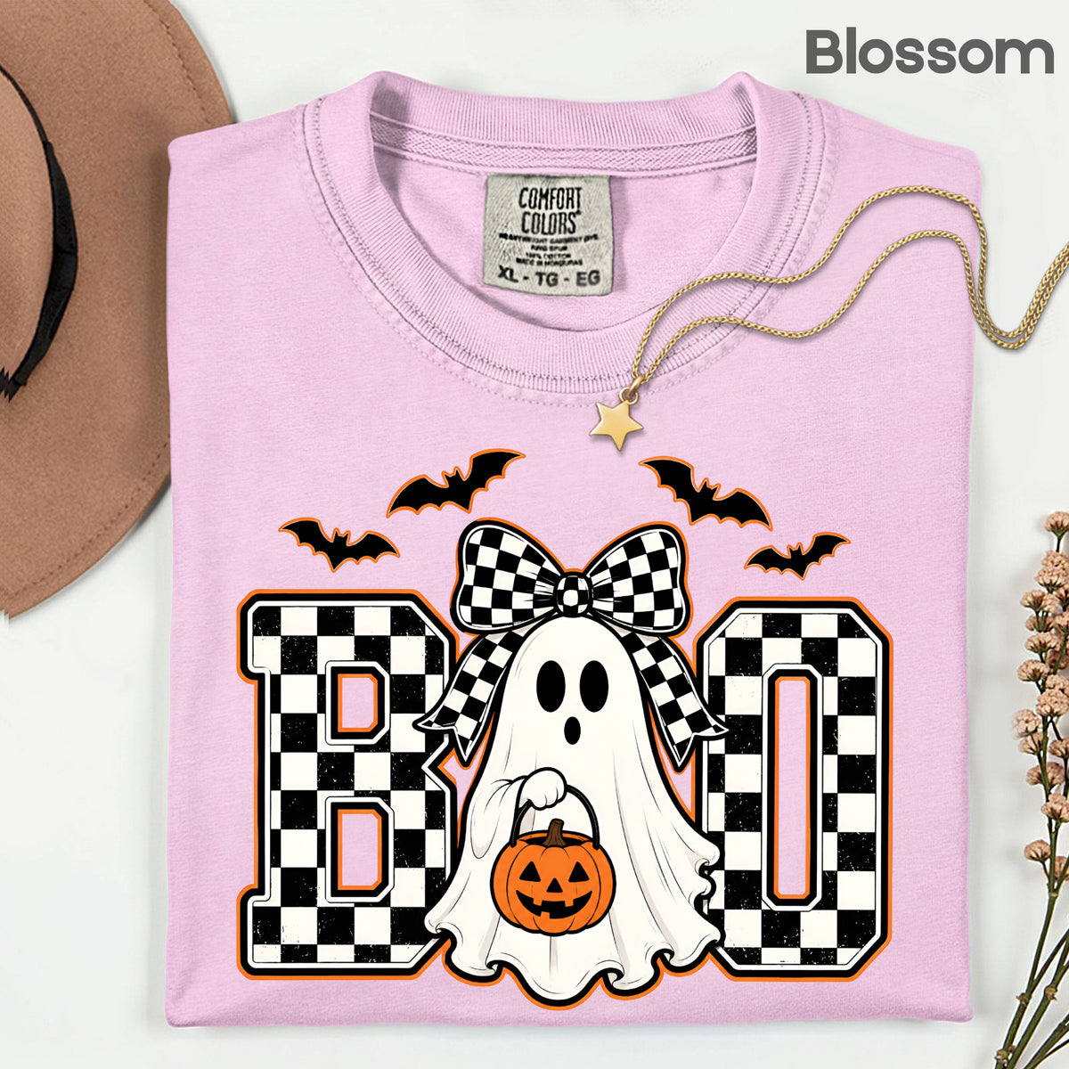 Boo Checkered Bow Ghost Halloween T-Shirt, Pumpkin Bucket Bats Retro Tee Sweatshirt