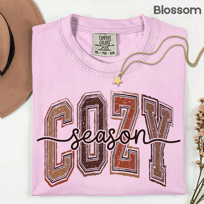 Cozy Season Fall T-Shirt, Distressed Varsity Letters Autumn Neutral Tones Tee