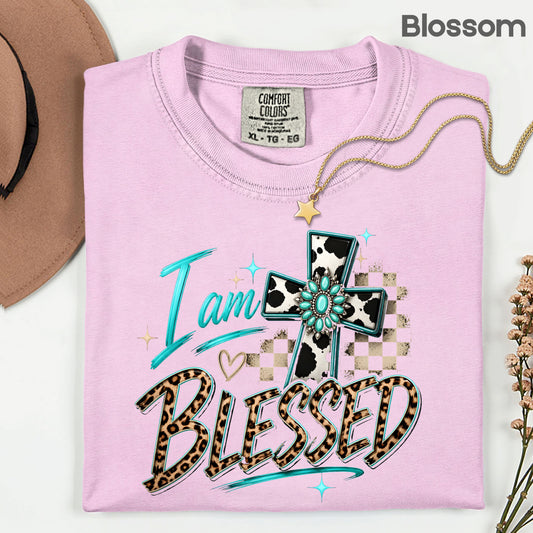 I Am Blessed Western Cross Cow Print T-Shirt, Turquoise Leopard Faith Tee