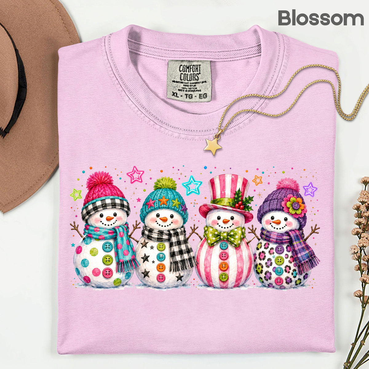Christmas Colorful Snowmen T-Shirt, Cute Winter Snowman Beanies Scarves Holiday Tee