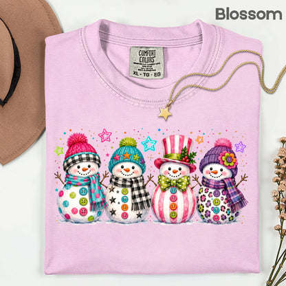 Christmas Colorful Snowmen T-Shirt, Cute Winter Snowman Beanies Scarves Holiday Tee