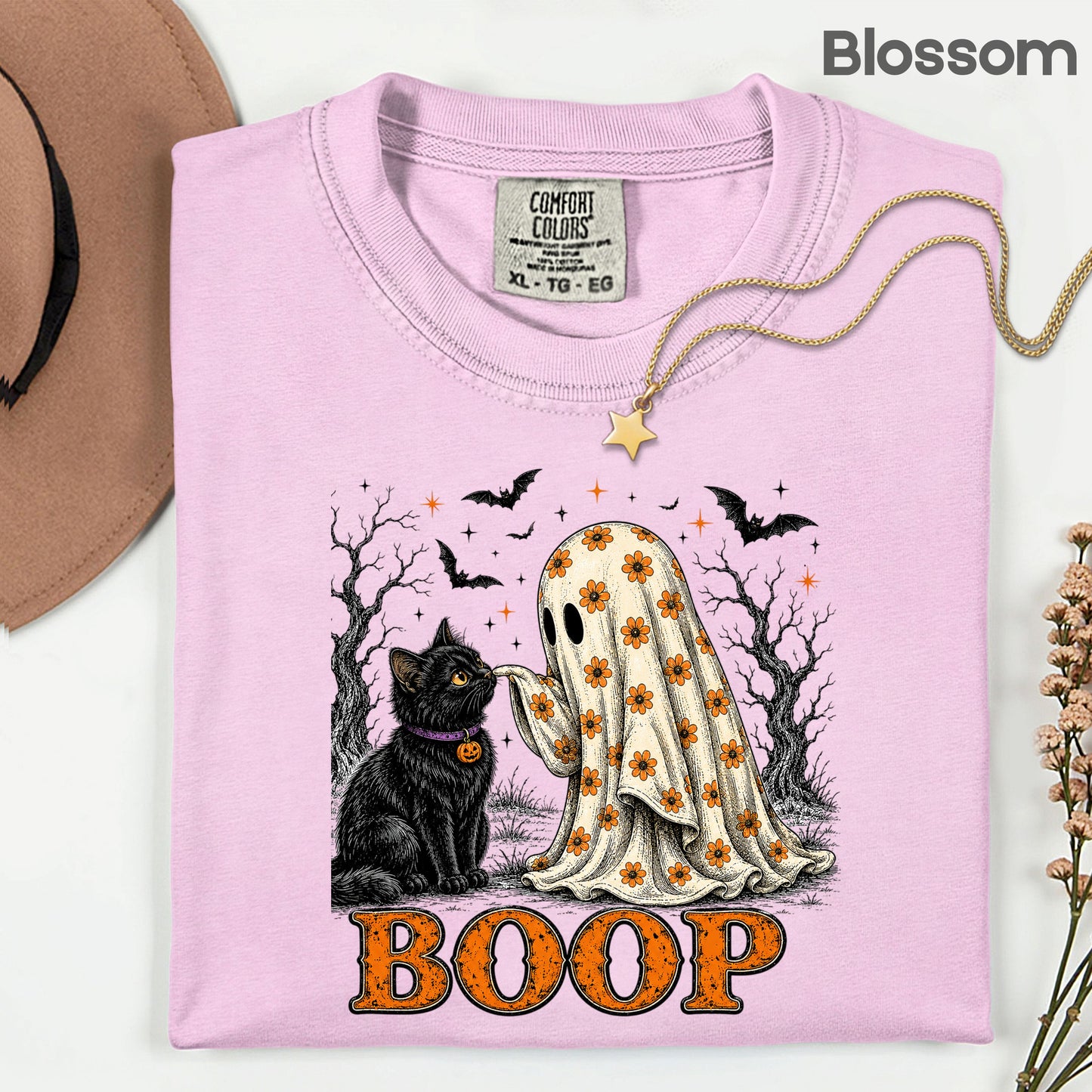 Halloween Cute Ghost Boop Black Cat T-Shirt, Floral Sheet Bats Spooky Season Tee