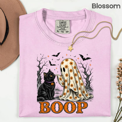Halloween Cute Ghost Boop Black Cat T-Shirt, Floral Sheet Bats Spooky Season Tee