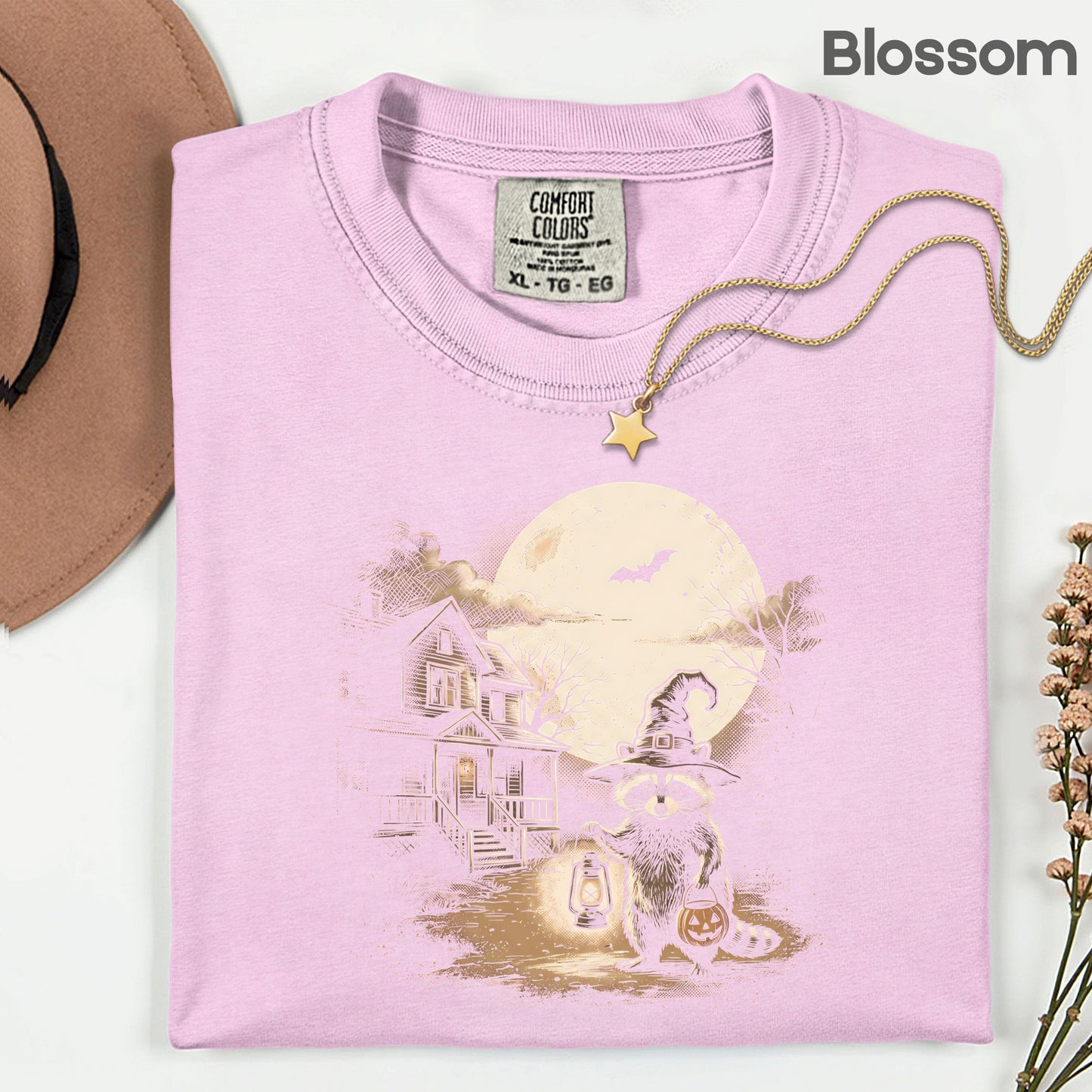Vintage Halloween Mouse Witch T-Shirt, Full Moon Pumpkin House Sepia Trick or Treat Spooky Fall Tee