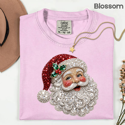 Christmas Santa Claus Vintage T-Shirt, Bejeweled Rhinestone Santa Head Festive Holiday Tee