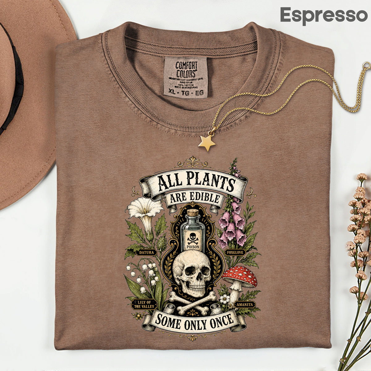 Funny Botanical All Plants Are Edible T-Shirt, Poisonous Mushroom Skull Vintage Tee