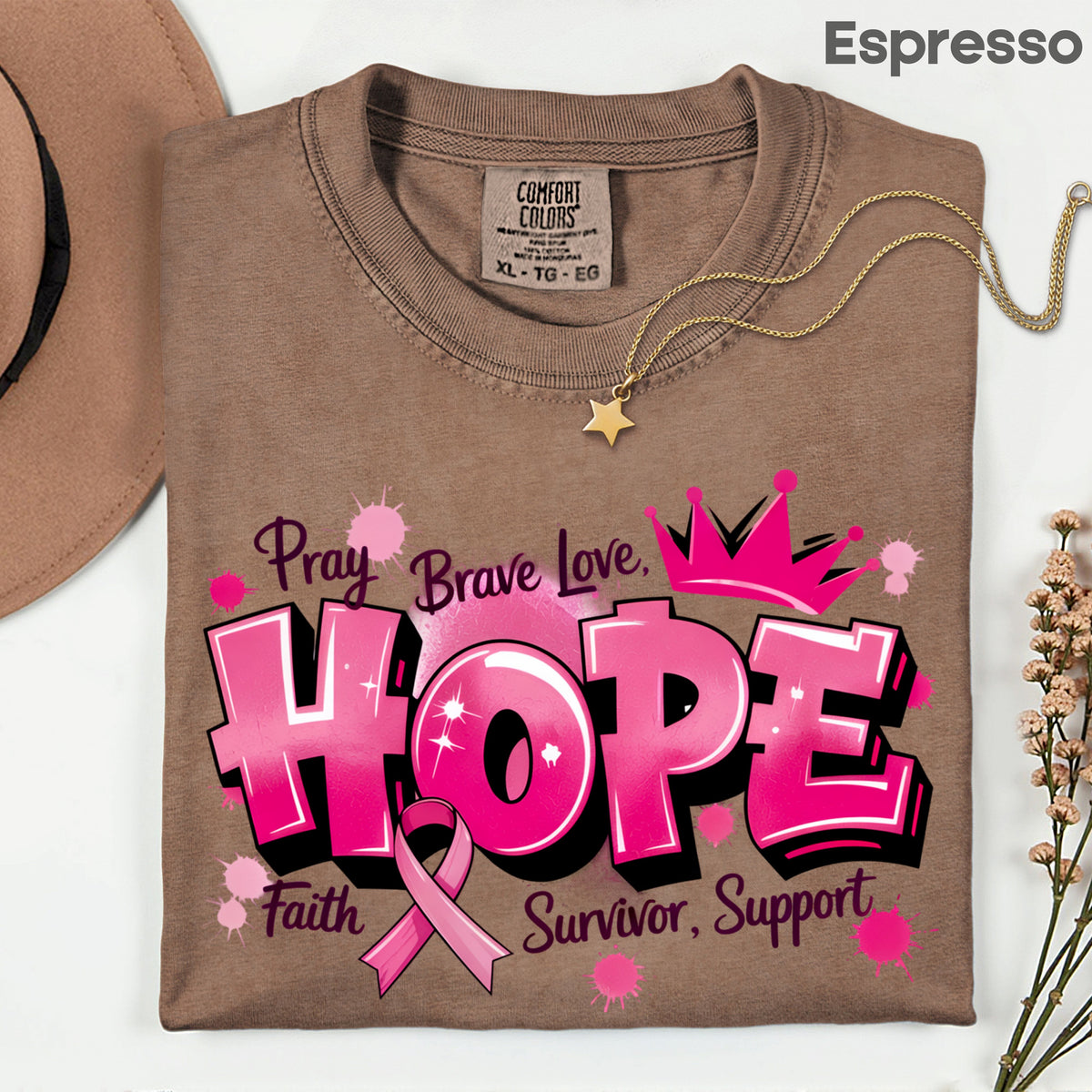 Breast Cancer Hope Pink Ribbon T-Shirt, Survivor Awareness Support Comfort Color Tee