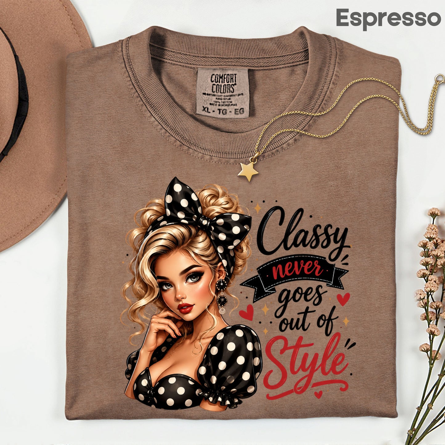 Classy Never Goes Out of Style Pinup Girl T-Shirt, Vintage Polka Dot Bow Tee Sweatshirt