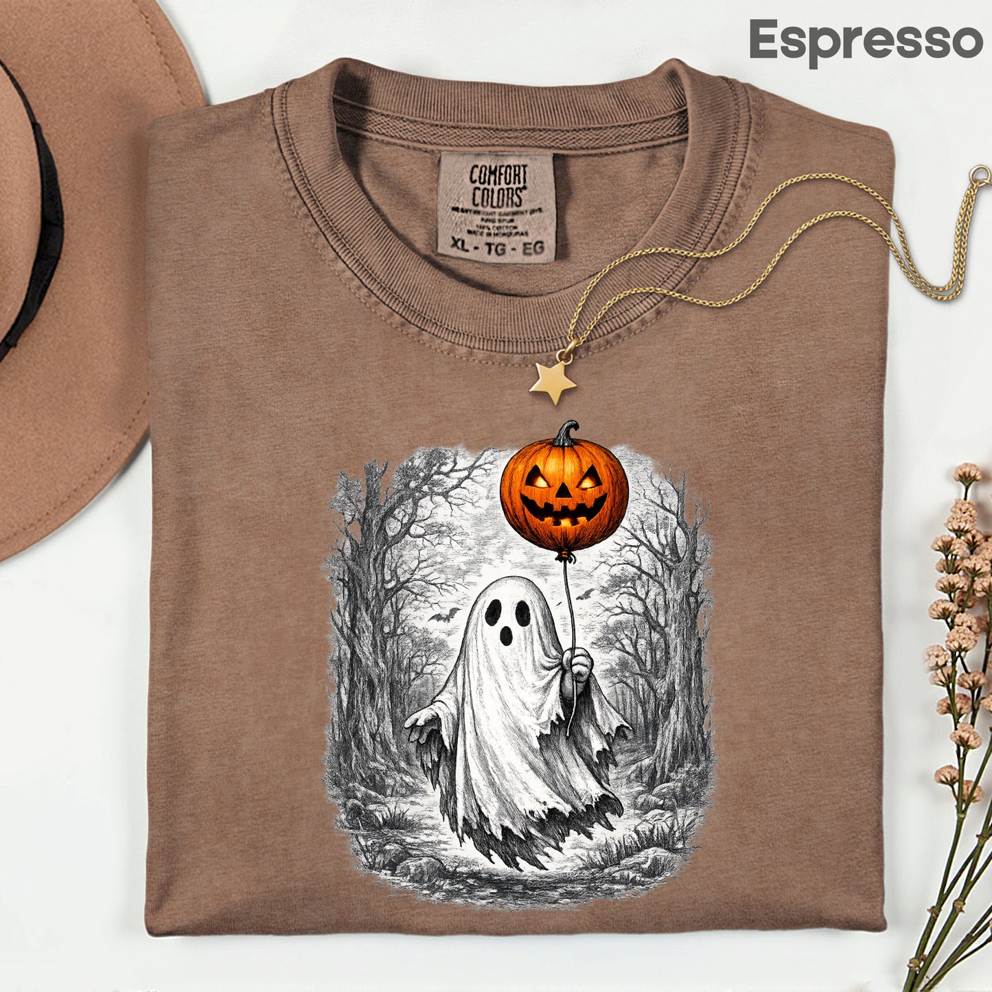 Vintage Halloween Ghost Pumpkin Balloon T-Shirt, Spooky Forest Retro Tee