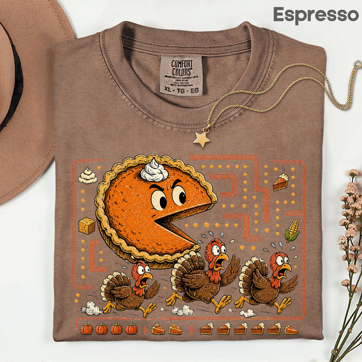Funny Thanksgiving Pacman Pumpkin Pie T-Shirt, Chasing Turkeys Maze Video Game Tee