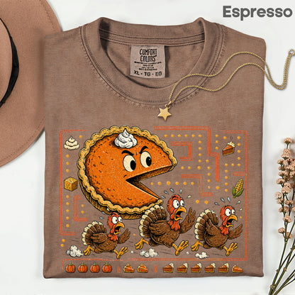 Funny Thanksgiving Pacman Pumpkin Pie T-Shirt, Chasing Turkeys Maze Video Game Tee