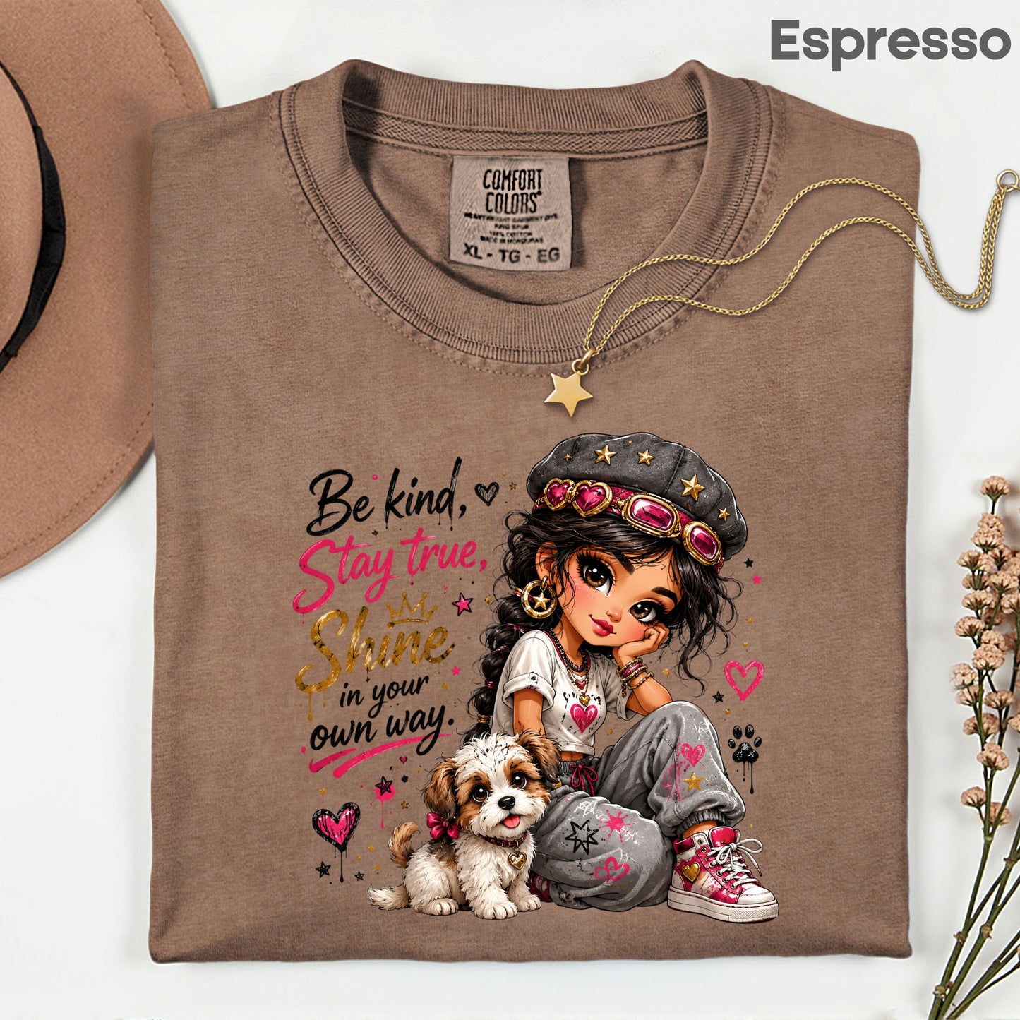 Inspirational Be Kind Stay True Puppy T-Shirt, Cute Crown Heart Girl Women Kids Tee