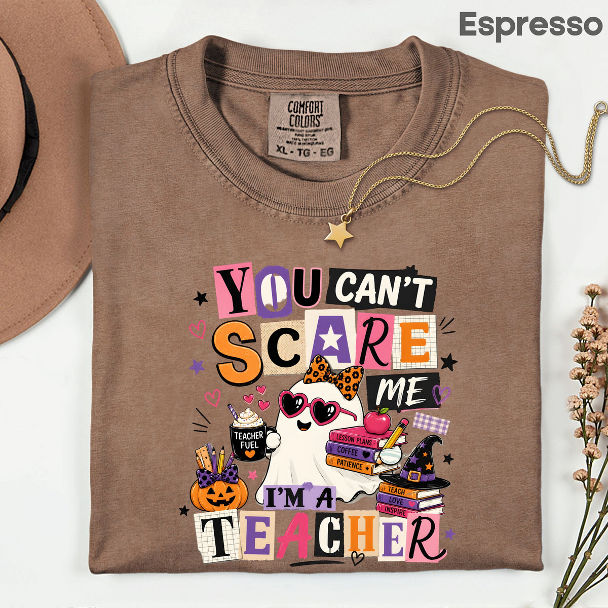 You Can't Scare Me Teacher Halloween T-Shirt, Ghost Books Coffee Comfort Color Tee