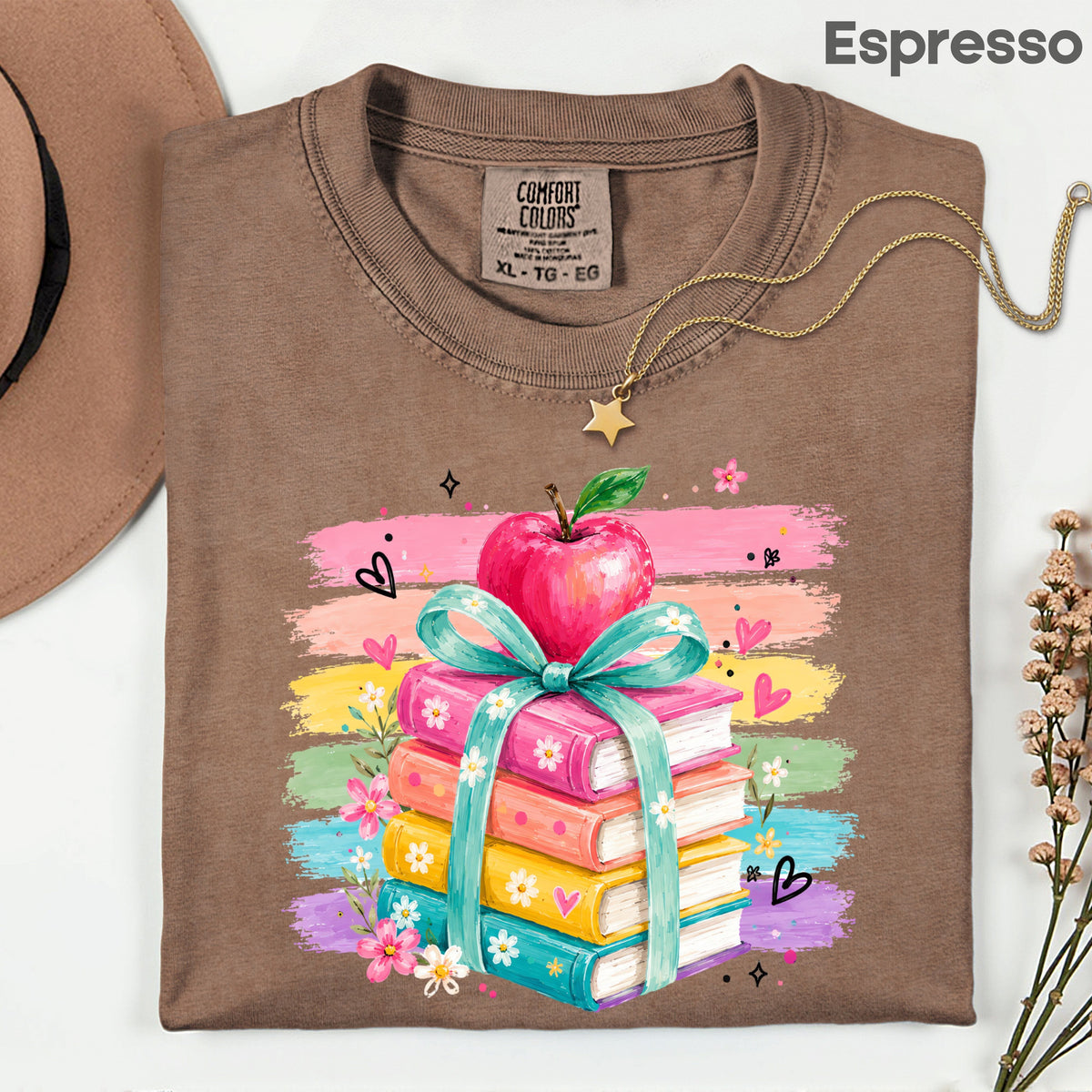 Coquette Stacked Books Teacher T-Shirt, Apple Ribbon Colorful Brushstrokes Comfort Color Tee