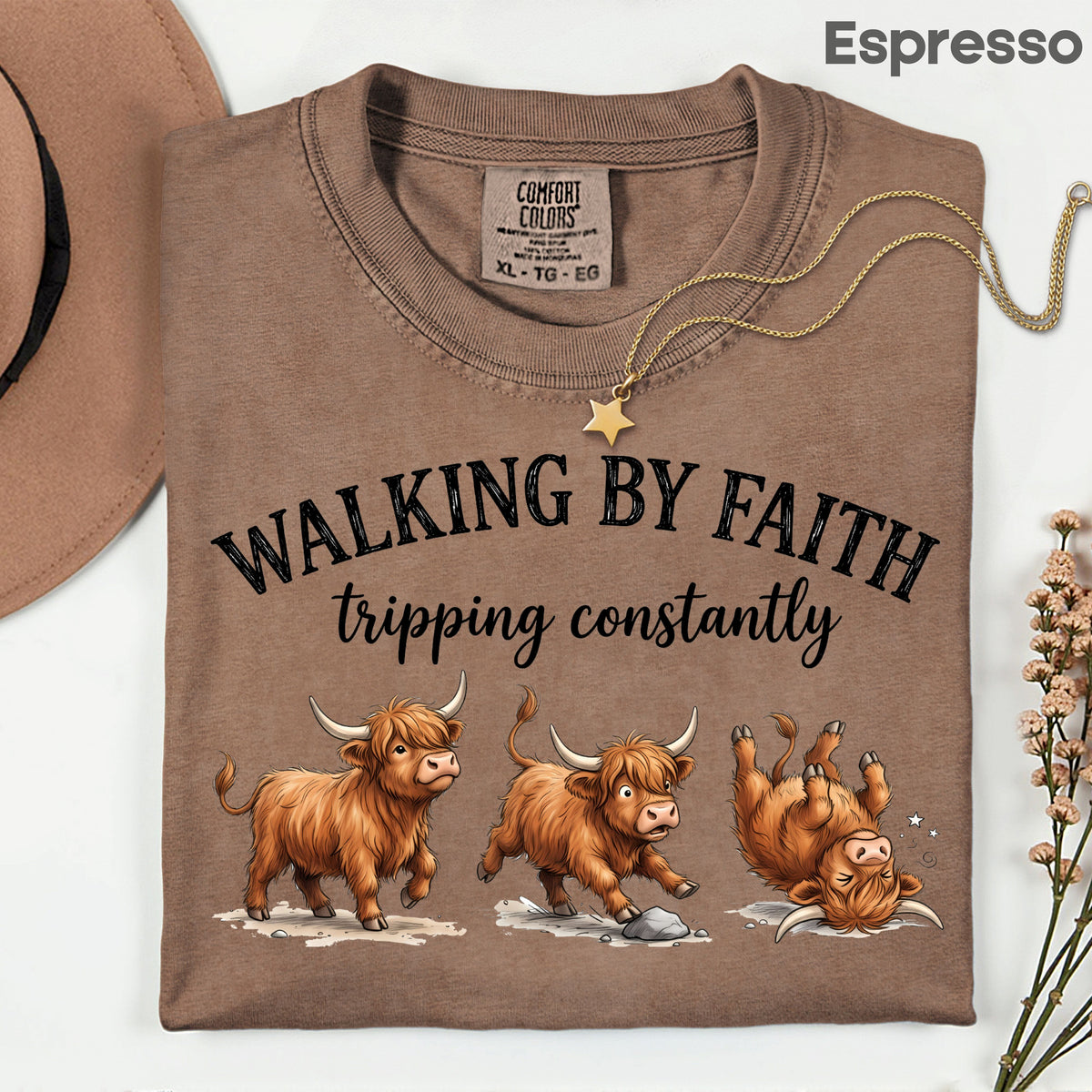 Walking by Faith Highland Cow T-Shirt, Tripping Constantly Funny Christian Quote Tee