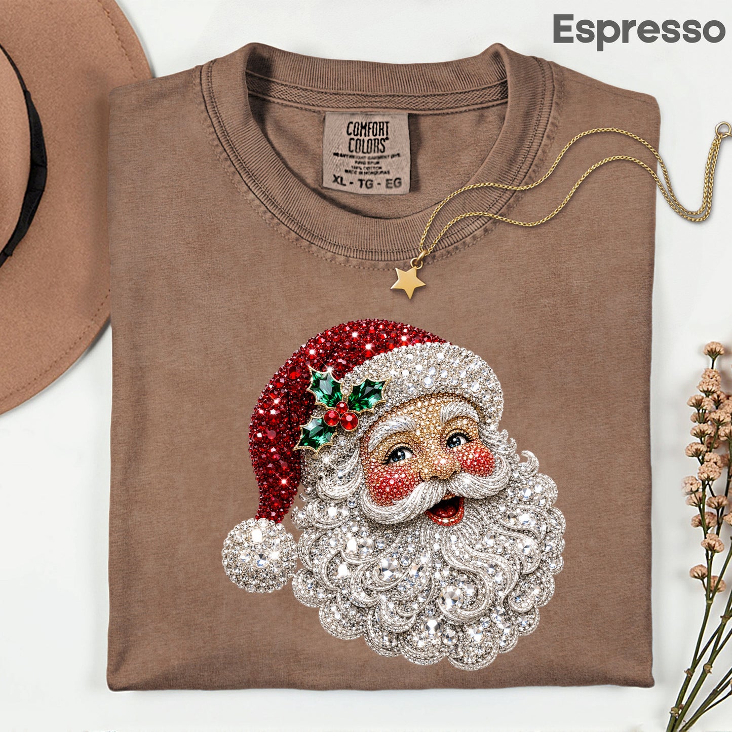 Christmas Santa Claus Vintage T-Shirt, Bejeweled Rhinestone Santa Head Festive Holiday Tee