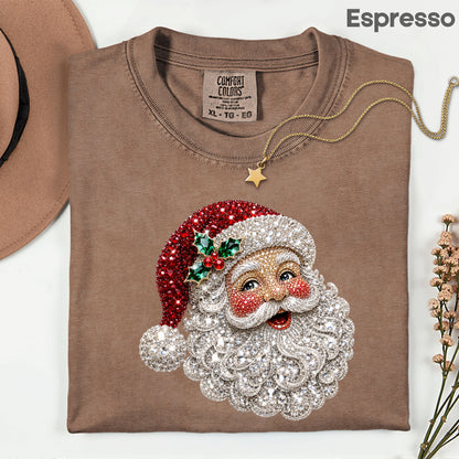 Christmas Santa Claus Vintage T-Shirt, Bejeweled Rhinestone Santa Head Festive Holiday Tee