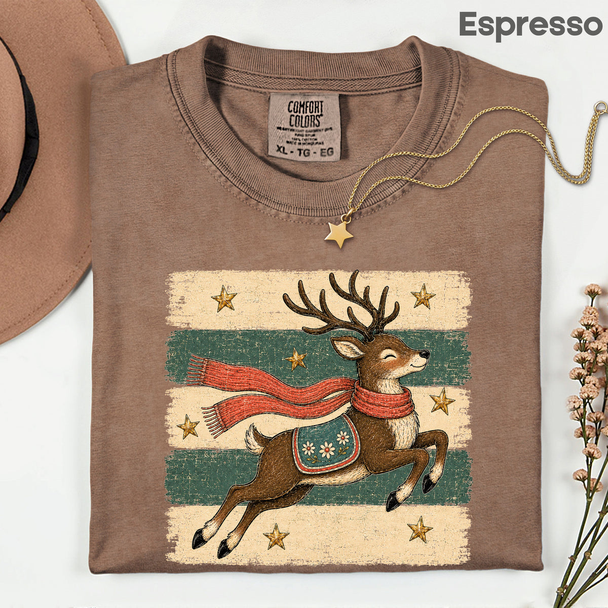 Vintage Christmas Reindeer T-Shirt, Flying Reindeer Scarf Retro Winter Comfort Color Tee