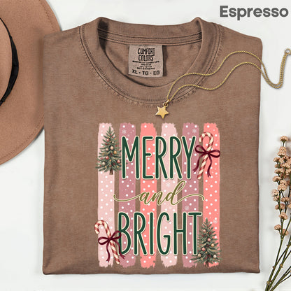 Merry and Bright Comfort Colors T Shirts Cute Christmas Tree Tees Pink Candy Cane Shirt Festive Holiday Winter Graphic Hoodie
