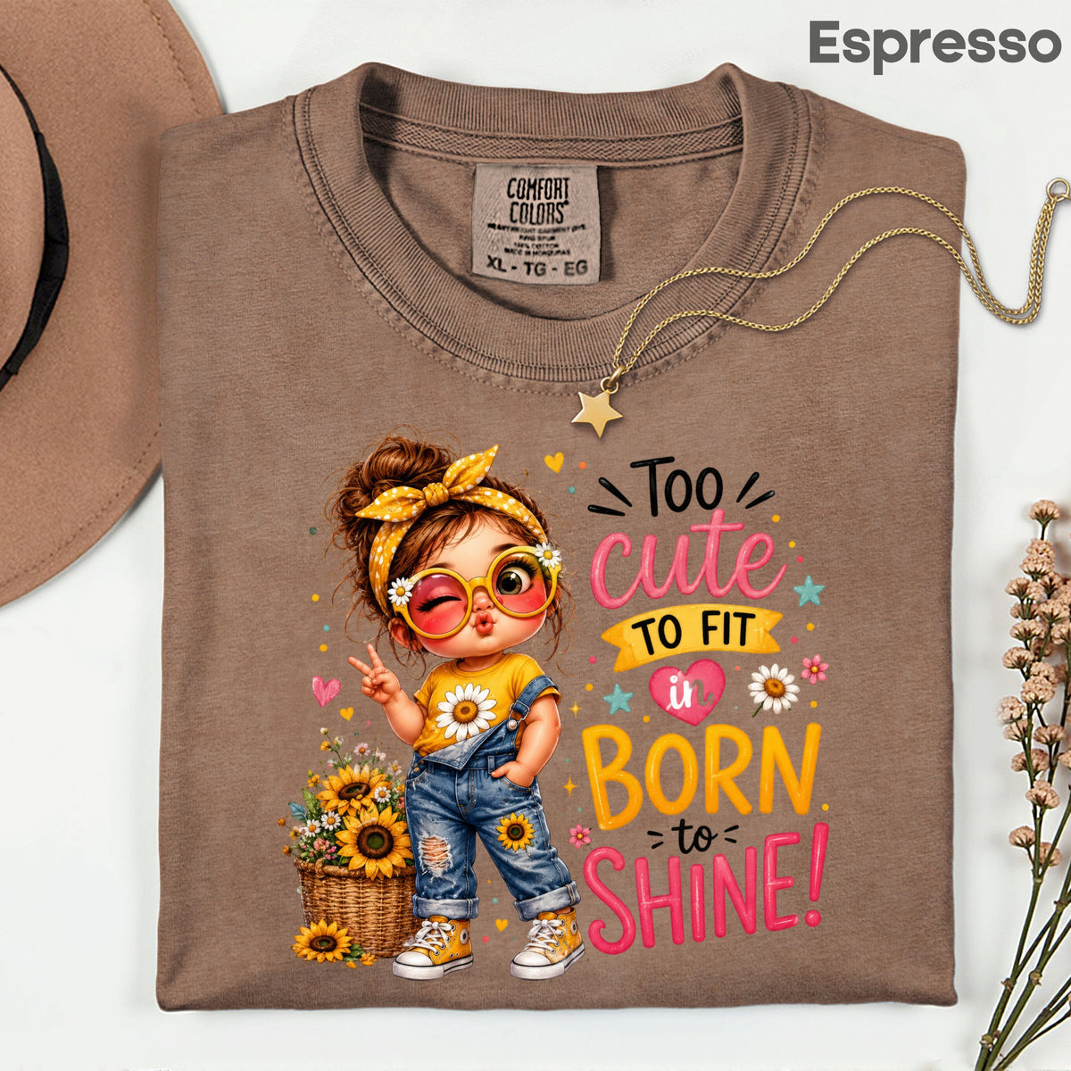 Too Cute to Fit In Born to Shine Little Girl T-Shirt, Sunflower Headband Tee