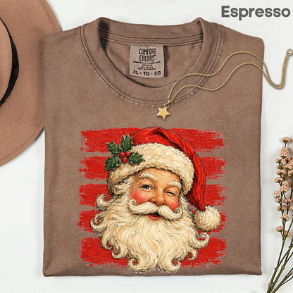 Vintage Winking Santa Christmas T-Shirt, Retro Red Stripes Nostalgic Holiday Comfort Color Tee