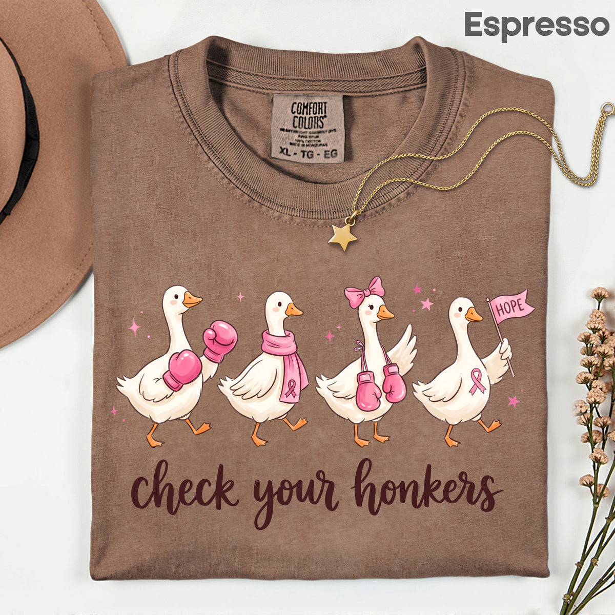 Check Your Honkers Ducks Breast Cancer Awareness T-Shirt, Pink Ribbon Boxing Gloves Geese Tee