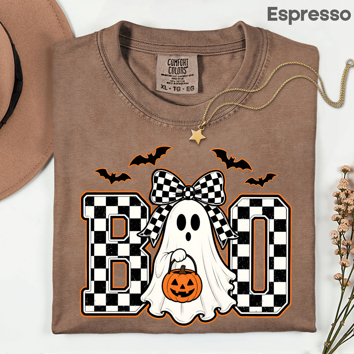 Boo Checkered Bow Ghost Halloween T-Shirt, Pumpkin Bucket Bats Retro Tee Sweatshirt