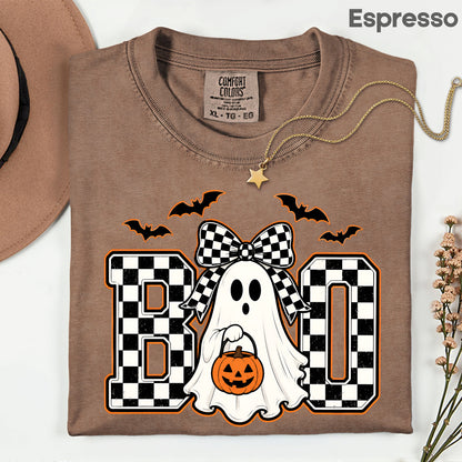 Boo Checkered Bow Ghost Halloween T-Shirt, Pumpkin Bucket Bats Retro Tee Sweatshirt