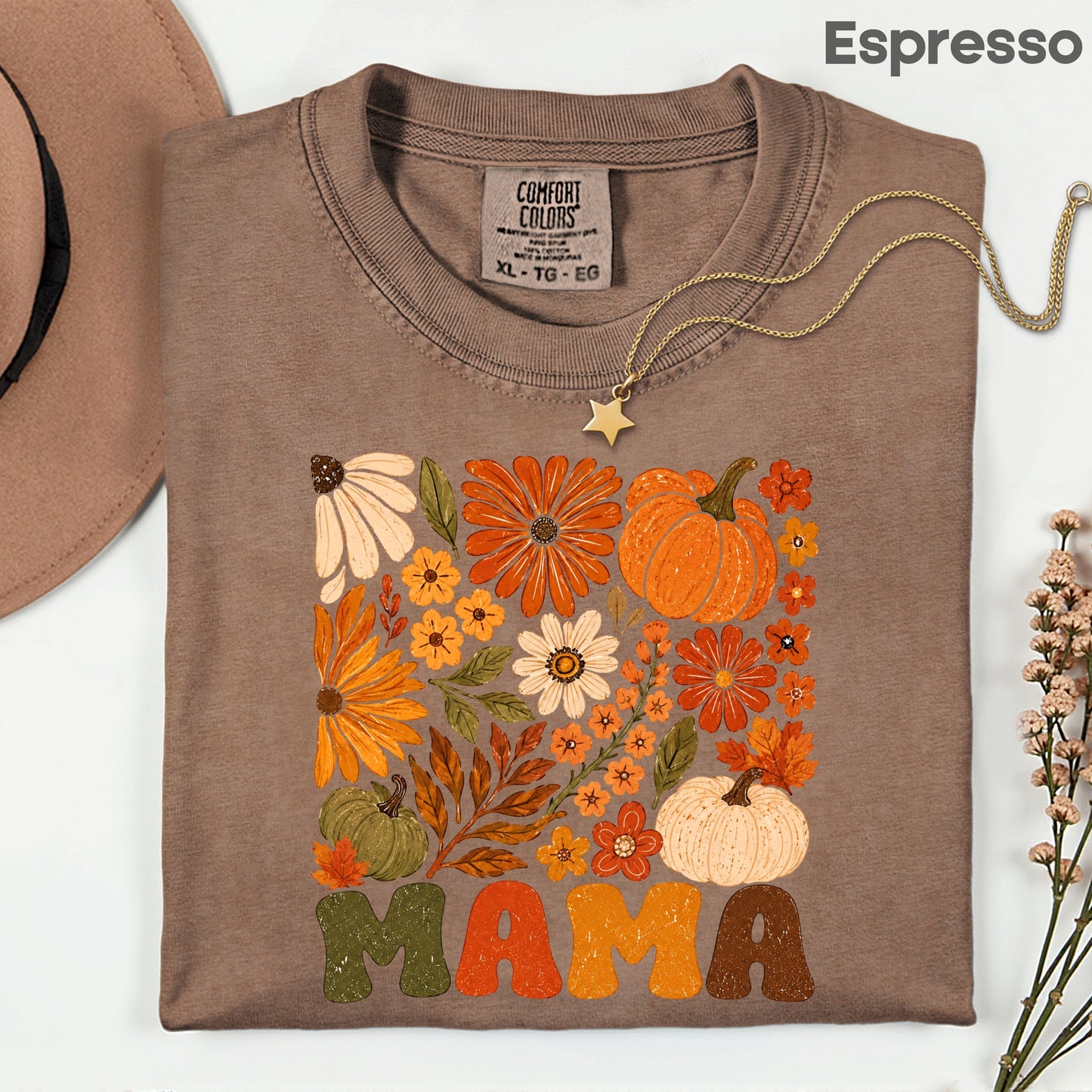 Mama Fall Floral Pumpkins T-Shirt, Retro Groovy Autumn Flowers Thanksgiving Comfort Color Tee