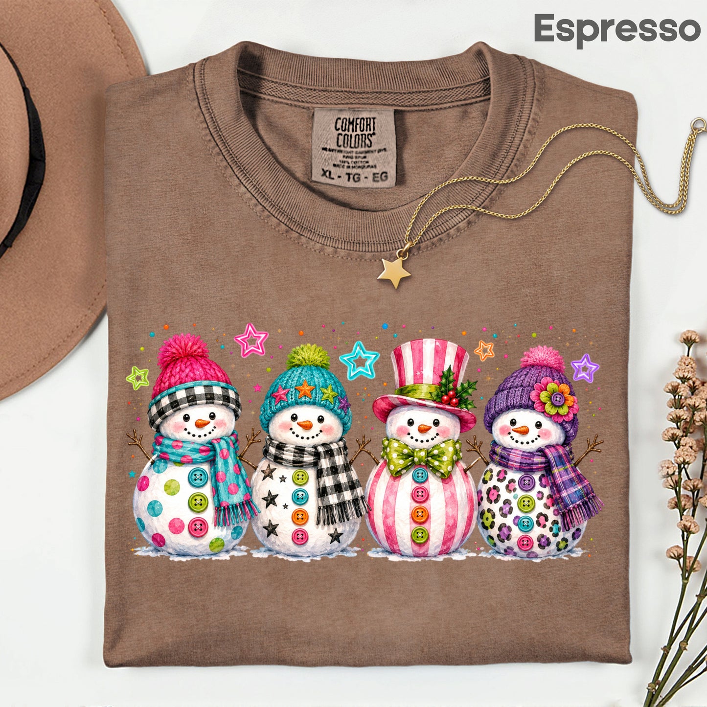 Christmas Colorful Snowmen T-Shirt, Cute Winter Snowman Beanies Scarves Holiday Tee
