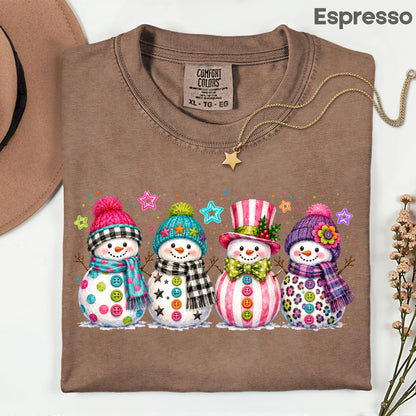 Christmas Colorful Snowmen T-Shirt, Cute Winter Snowman Beanies Scarves Holiday Tee