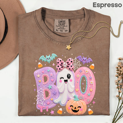 Pastel Cute Ghost Halloween Boo T-Shirt, Pink Purple Bow Pumpkin Candy Corn Girls Tee