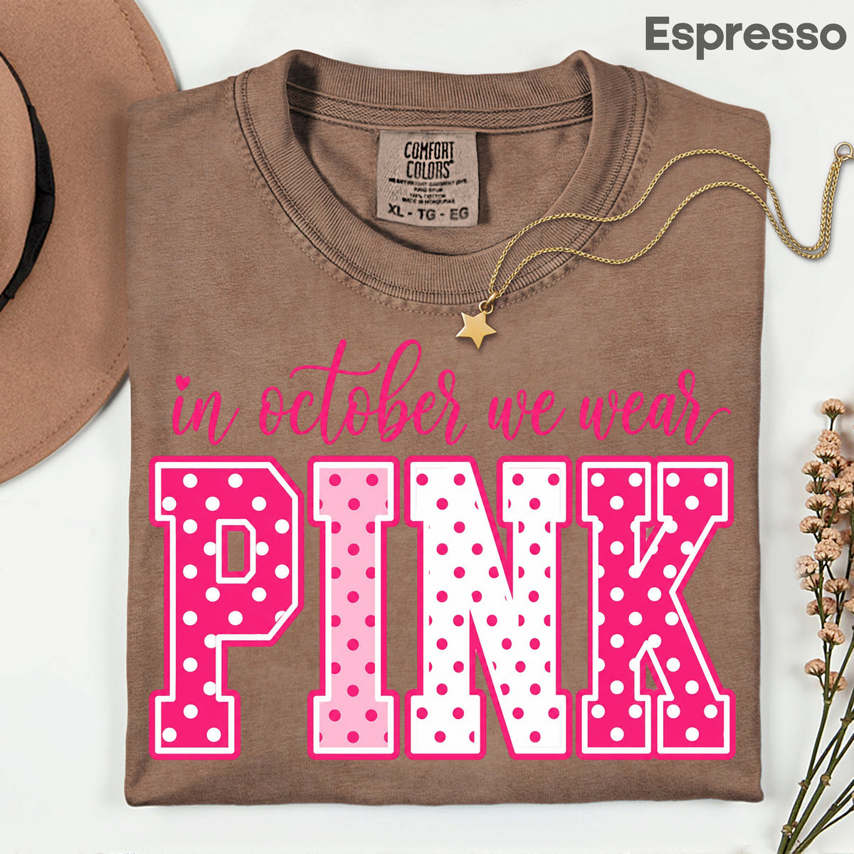 Breast Cancer Awareness In October We Wear Pink T-Shirt, Varsity Polka Dot Women Tee
