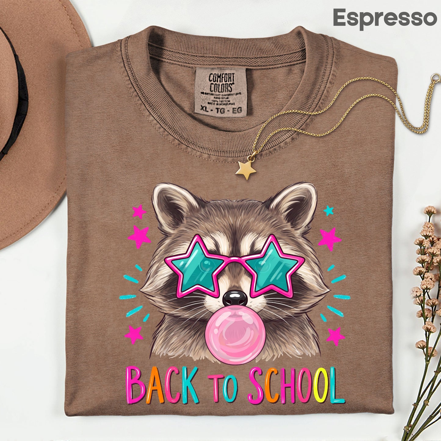 Back to School Raccoon T-Shirt, Star Sunglasses Bubblegum Trash Panda Comfort Color Tee
