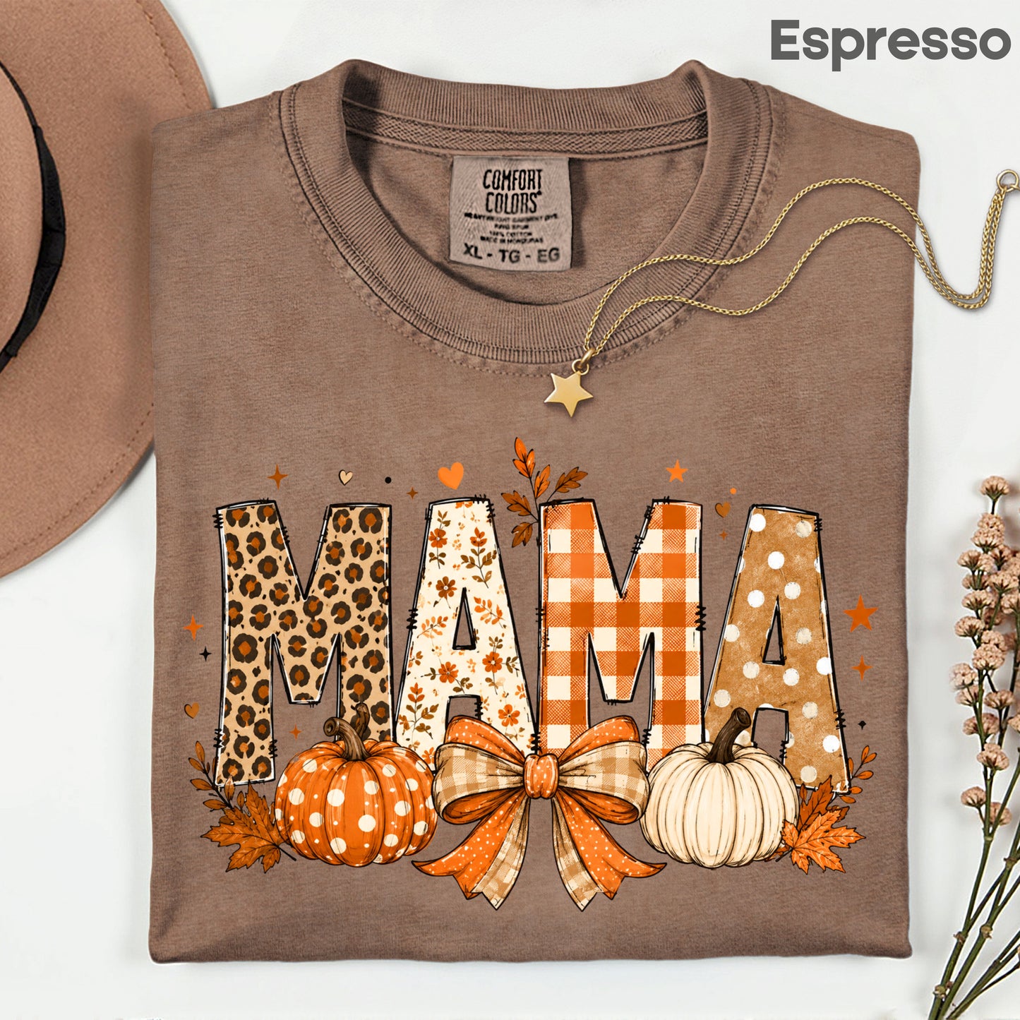 Fall Mama Pumpkin Leopard Plaid T-Shirt, Varsity Letters Autumn Leaves Bow Thanksgiving Mom Tee