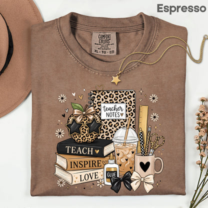 Teach Inspire Love Leopard Teacher T-Shirt, Notebook Coffee Iced Drink Comfort Color Tee